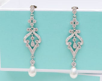 Wedding Earrings Bridal Earrings Bridesmaid Gifts Vintage Inspired Pearl Crystal Zircon Dangle Earrings Bridesmaid Earrings Women's Earrings