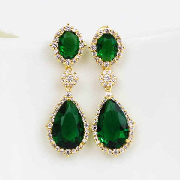 Gold Emerald Earrings, Emerald Wedding Jewelry, Emerald Teardrop Bridal Earrings, Bridesmaid Jewelry, Emerald Jewelry, Bridesmaid Earrings