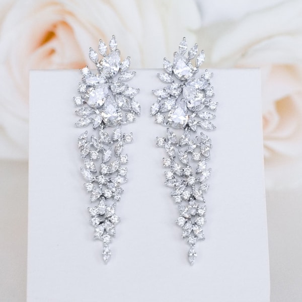 White Gold Long Bridal Earrings | Wedding Jewelry | Bridesmaid Earrings | Bridal Drop Earrings | Zircon Earrings | Crystal Wedding Earrings