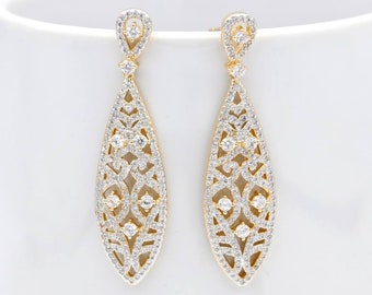 Yellow Gold Bridal Earrings | Bridal Jewelry | Wedding Jewelry | Prom Earrings | Crystal Earrings | Filigree Earrings | Long Earrings