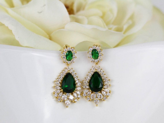 Emerald Gold Earrings Bridesmaid Earrings Peacock Wedding | Etsy