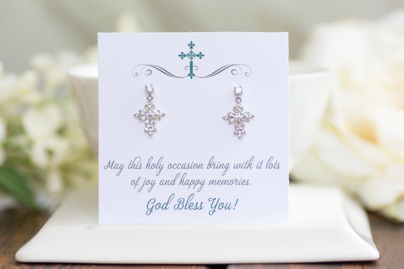 First Communion Gift Girl Dangle Cross Earrings Confirmation Gift Girl Dainty Cross Earrings image 1