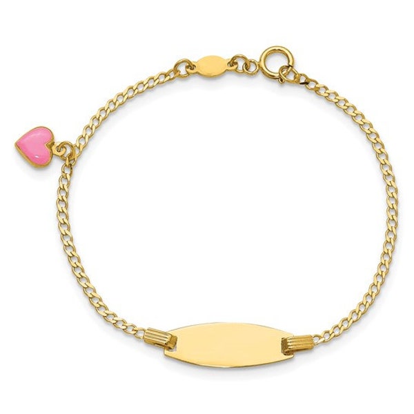 14kt Gold Polished Kids ID with Pink Enameled Puff Heart Bracelet, 14kt Gold Heart Children's Charm Bracelet