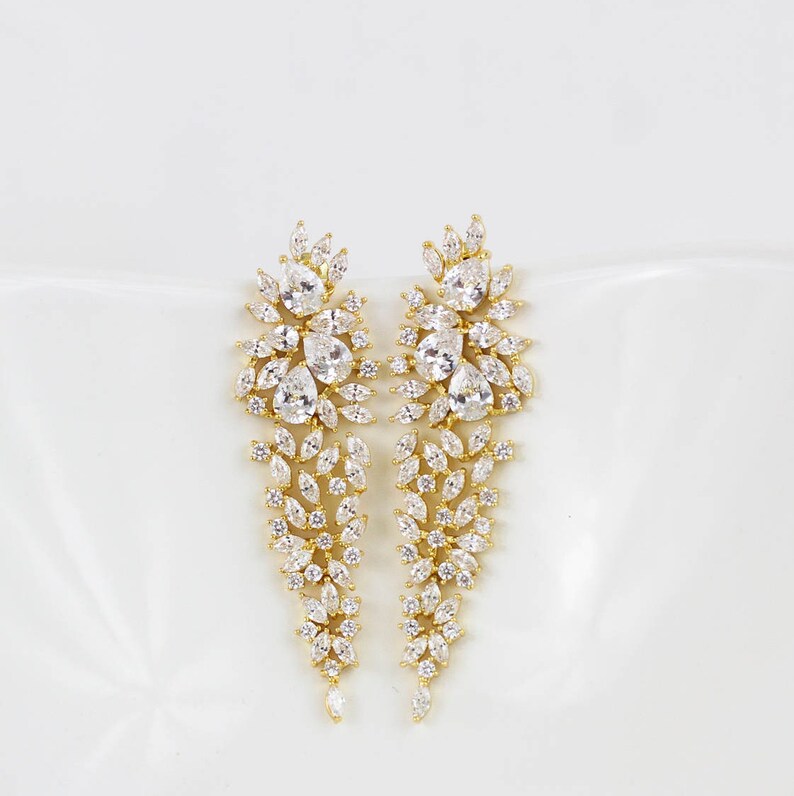 Yellow Gold Long Bridal Earrings Wedding Jewelry Etsy