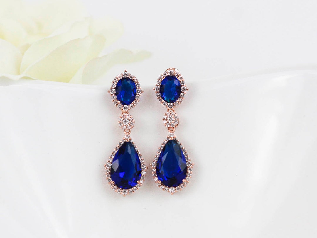 Rose Gold Sapphire Earrings Navy Blue Wedding Teardrop - Etsy