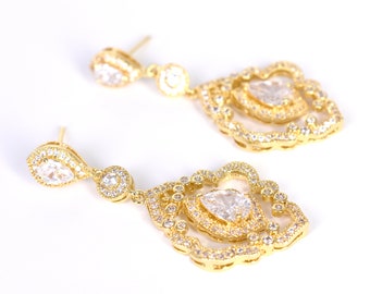 Gold Crystal Wedding Earrings | Gold Chandelier Bridal Earrings | CZ Wedding Earrings | Prom Earrings | Bridesmaid Earrings | Drop Earrings