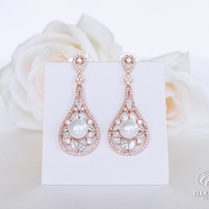 Pearl Bridal Earrings | Crystal Pearl Chandelier Earrings | Rose Gold Wedding Earrings | Classic Pearl Dangle Earrings | Bridesmaids Earring
