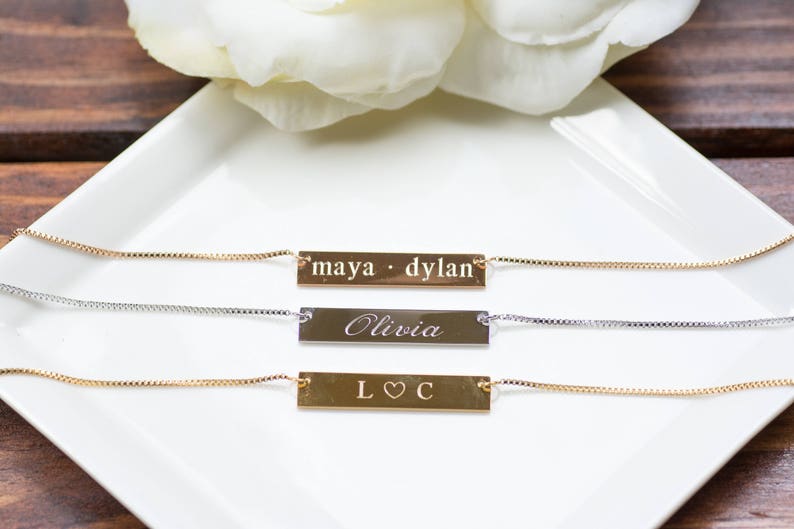 Custom Name Bar Necklace Bridesmaid Gift Monogram Necklace Sorority Necklace Initials Custom Coordinates Valentine/'s Gift