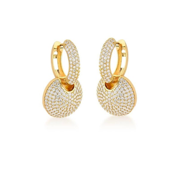 18kt Yellow Gold Plated Fully Iced CZ Women's Dangle Earrings | Zircon Gold Dangle Earrings | CZ Gold Hoop Earrings