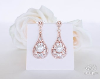 Rose Gold Earrings Wedding Pearl Clear Zircon Crystal Stick Jewelry Pierced Dangle Unique Design Bridesmaid Bridal Earrings