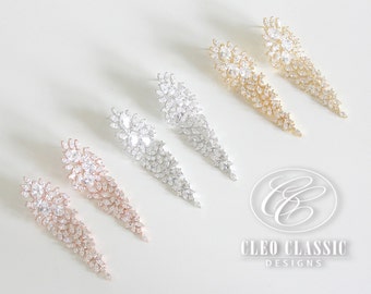 CLEO BRIDAL Wedding Clear Zircon Crystal Silver Rhodium Waterfall Pierced Dangle Unique Design Bridesmaid Earrings