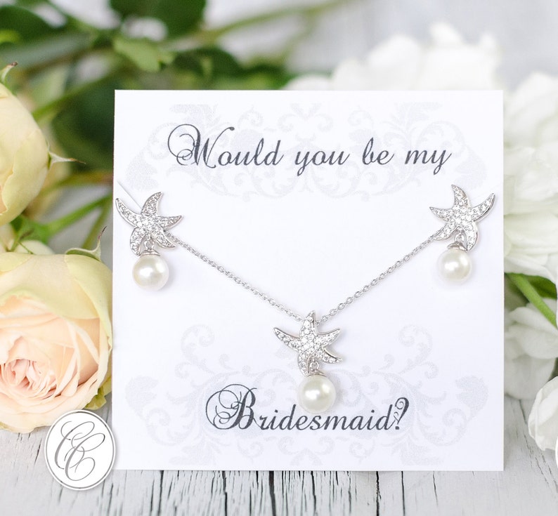 Beach Wedding Bridesmaid Set, Bridesmaid Gifts,Bridesmaid Earrings,Would you be my Bridesmaid, Bridal Earrings,Wedding Jewelry image 1