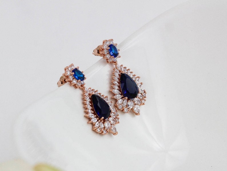 Sapphire Rose Gold Earrings Bridesmaid Earrings Navy Blue - Etsy