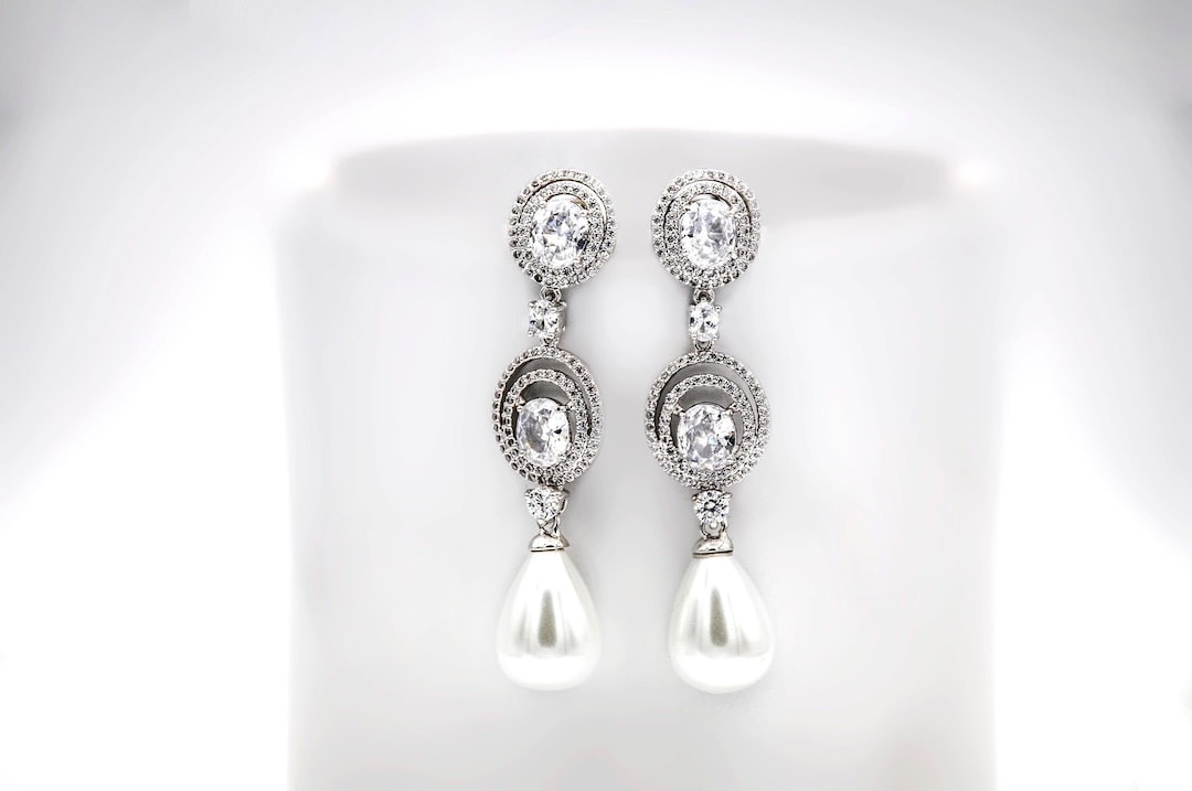 White Gold Chandelier Pearl Earrings Pearl Wedding Jewelry Etsy