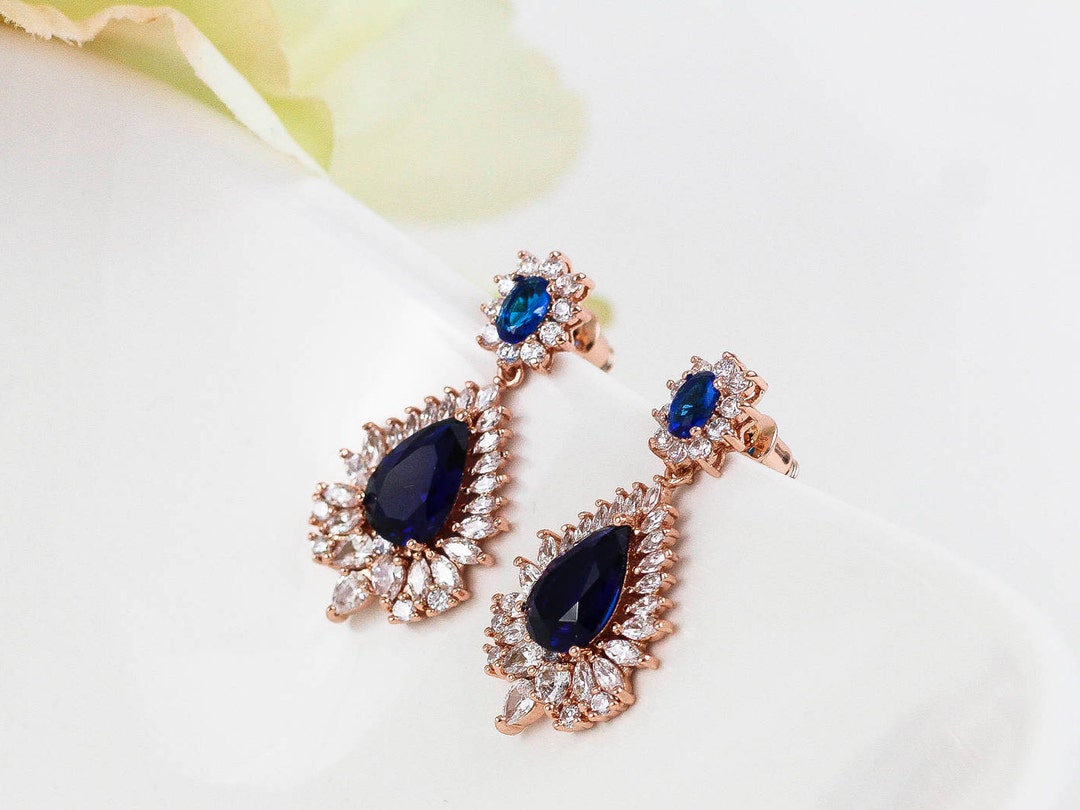 Sapphire Rose Gold Earrings Bridesmaid Earrings Navy Blue - Etsy