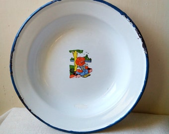 Enamel Kids Plate Shabby Chic Decorative Plate Rustic French Decor- vintage white enamel plate with pig blue margin