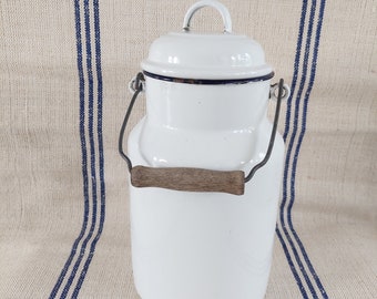 Kitchenalia - vintage White enamel milk can enamelware - milk pail pot