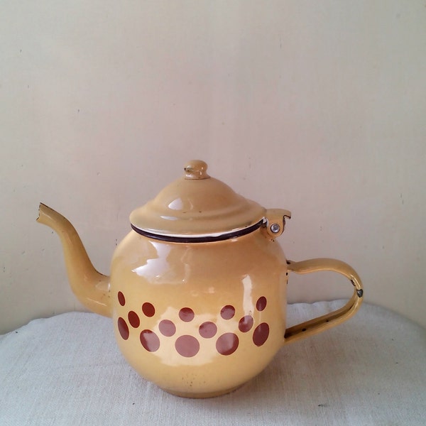 Kitchenalia - vintage beige brown polka dot enamel water tea kettle- enamelware