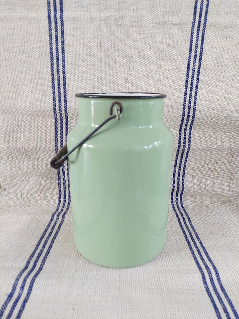 Kitchenalia vintage pistachio green enamel milk can enamelware milk pail pot image 1
