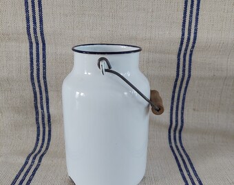 Kitchenalia - vintage White enamel milk can enamelware - milk pail pot