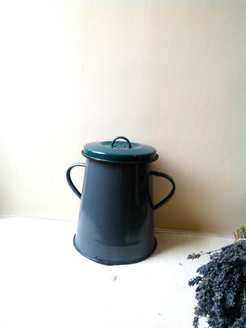 Kitchenalia Vintage Small Gray Enamel Food Container With Petrol Green