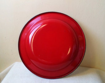 Kitchenalia - vintage red white enamel plate with black margin- enamelware