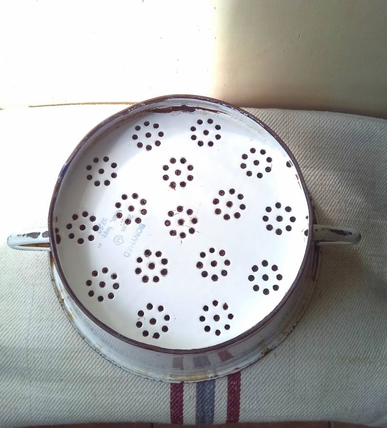 Vintage Enamel Colander, Strainer, Berry Bowl, Rustic Kitchen Decor