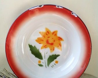 Kitchenalia - vintage white red enamel plate with orange flower - enamelware cottage chic