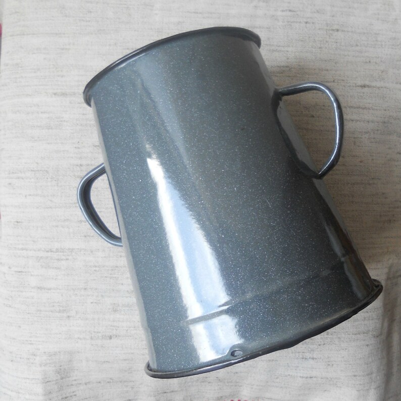 Kitchenalia Vintage Small Gray Enamel Food Container With Petrol Green