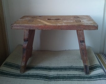 Milking stool / vintage primitive wooden stool / rustic wooden bench / footstool /mustard  rustic decor farmhouse