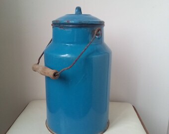 Blue milk can Kitchenalia - vintage blue enamel water kettle milk can with lid- enamelware