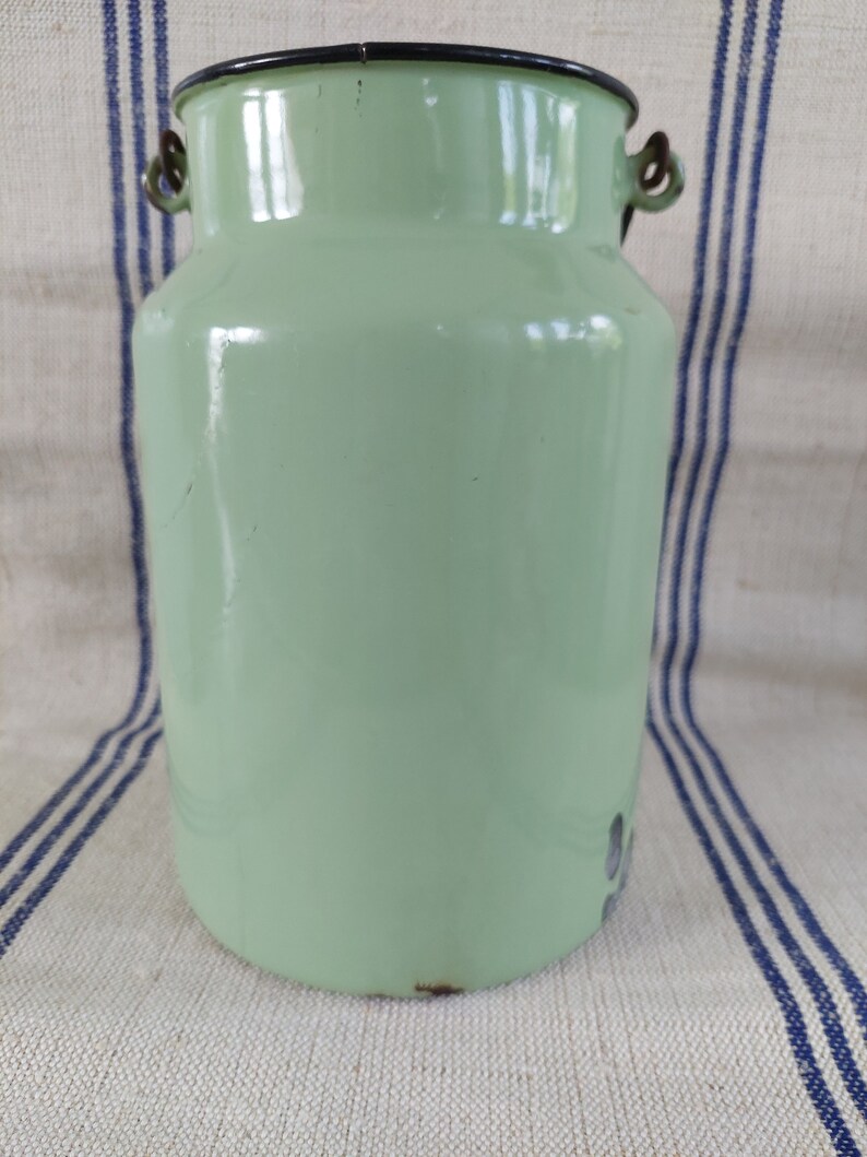 Kitchenalia vintage pistachio green enamel milk can enamelware milk pail pot image 5