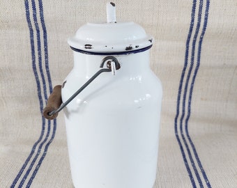 Kitchenalia - vintage White enamel milk can enamelware - milk pail pot