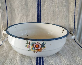Rustic Vintage enamel bowl, rustic kitchen decor, white blue rim and floral design antique farmhouse enamelware bowl