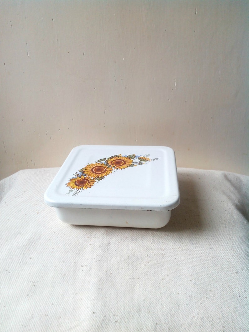 Vintage Enamel Food Container Box Lidded Vintage White With Sunflowers