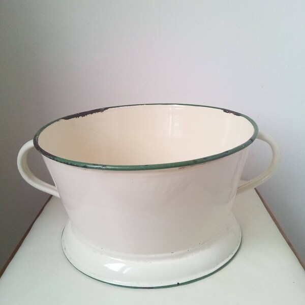 Cream colander - Vintage enamel cream colander, strainer, berry bowl, rustic kitchen decor, cream green rim antique farmhouse