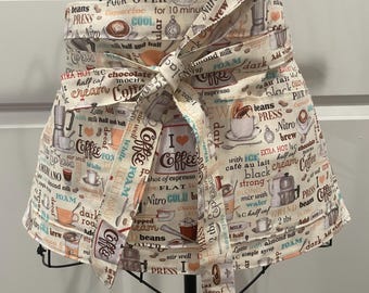 Versatile Utility Half Apron; Coffee print;  Teacher, Server Apron, Cafe, Gardening, Hosting Apron