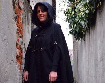 Cloak hooded cape  with hood, frogged and studs