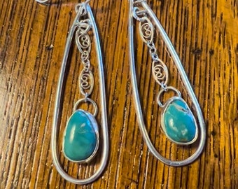 Sterling Silver Oval Earrings with dangle Turquoise Stone