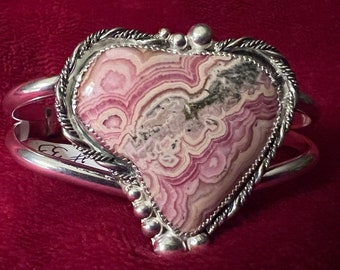 Sterling Silver Heart Bracelet with Pink Rhodochrosite Stone.