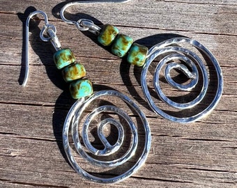 Sterling Silver Sprial Earrings with Green ceramic Beads.