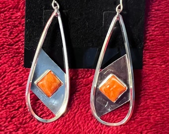 Sterling Silver and Orange Spiny Oyster drop Earrings