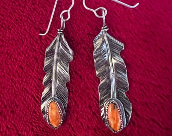 Sterling Silver Feather Earrings with Orange spiney oyster shell