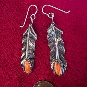 Sterling Silver Feather Earrings with Orange spiney oyster shell image 1