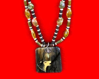 Double Jasper & Bone Necklace with Square Wolf Pendant