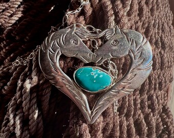 Sterling Silver Double horsehead Hart with Turquoise stone Pendant or Pin Necklace