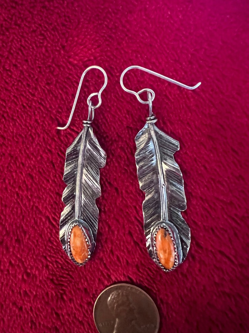 Sterling Silver Feather Earrings with Orange spiney oyster shell image 1