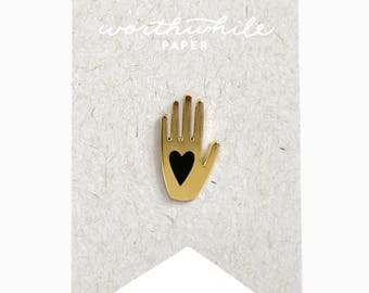 Hand + Heart Enamel Pin // Gold Hand // Hard Enamel Cloisonné