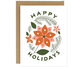 Happy Holidays Poinsettia Card- Winter- Screen Printed Folding Greeting Card