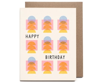 Happy Birthday Abstract Grid Riso Printed Greeting Card